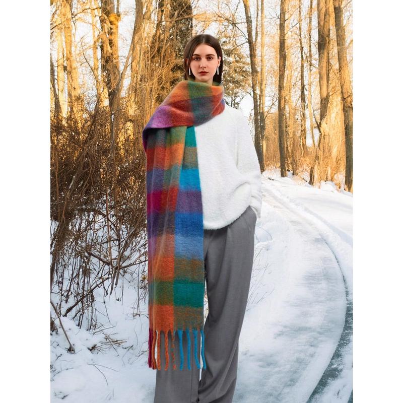 Luna Aurora  1PC Boho Colorful Grid Tassel Chunky Scarf Thickened Soft Warm Tassel Shawl Autumn Winter Coldproof Windproof Wrapped Neck Scarf