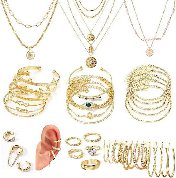 38Pcs(9Pack) Gold Plated Jewelry Set for Women With 8 Necklace 12 Bracelet 27 Ring 12 Pair Earring Hoop Simple Sparkle for Happy