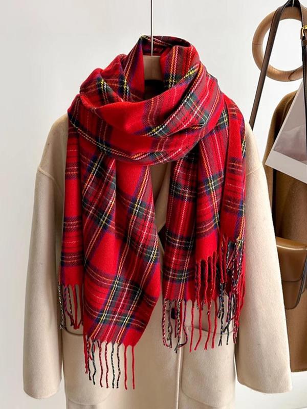 Women's Tartan  Pattern Tassel Decor Scarf, Casual Soft Warm Classic Scarf for Fall & Winter, Fashion Accessories for Women & Girls