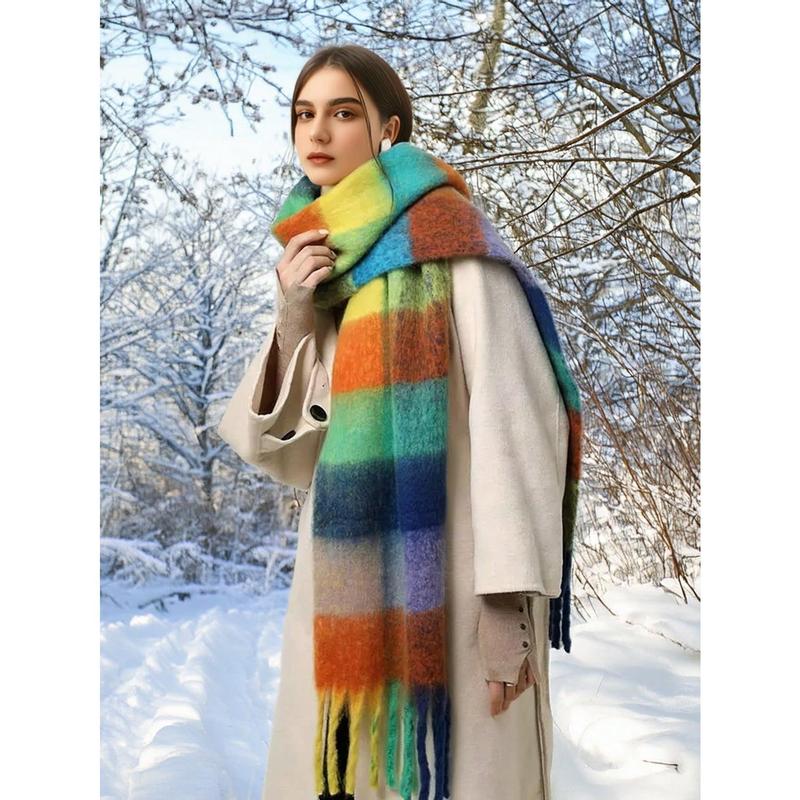 Luna Aurora  1PC Boho Colorful Grid Tassel Chunky Scarf Thickened Soft Warm Tassel Shawl Autumn Winter Coldproof Windproof Wrapped Neck Scarf