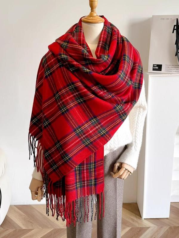 Women's Tartan  Pattern Tassel Decor Scarf, Casual Soft Warm Classic Scarf for Fall & Winter, Fashion Accessories for Women & Girls