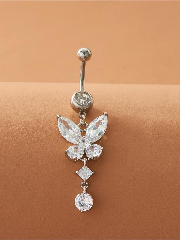 Women's Elegant Rhinestone Decorated Butterfly Design Belly Ring, Exquisite Trendy Belly Ring, Chic Body Jewelry for Party Decor