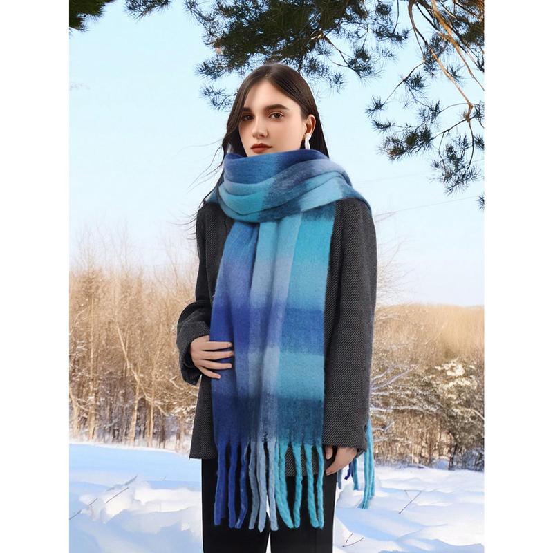 Luna Aurora  1PC Boho Colorful Grid Tassel Chunky Scarf Thickened Soft Warm Tassel Shawl Autumn Winter Coldproof Windproof Wrapped Neck Scarf