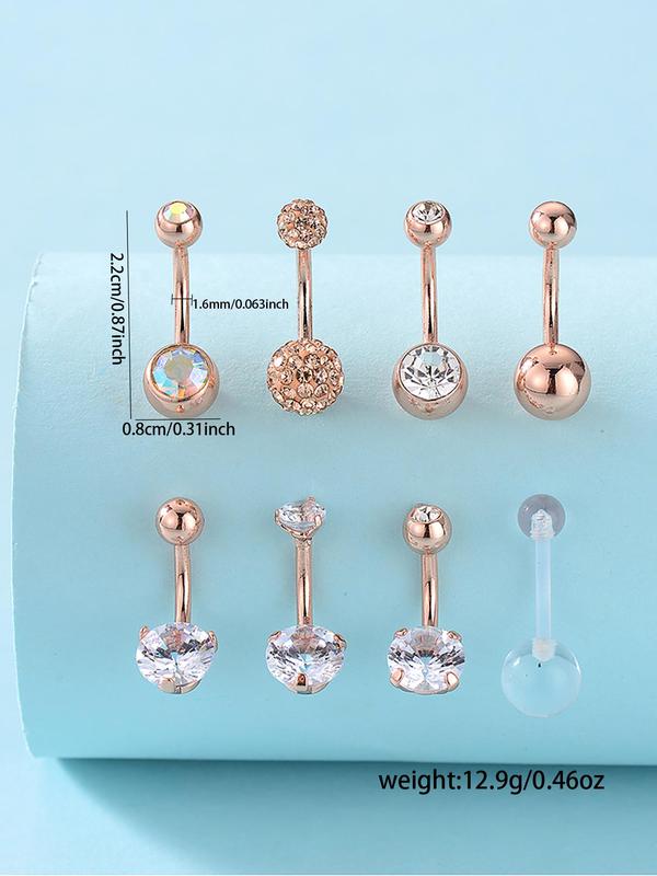 8pcs set Women's Elegant Rhinestone Decorated Belly Rings, Exquisite Stainless Steel Belly Piercing Rings, Fashionable Body Jewelry for Women for Party Decoration