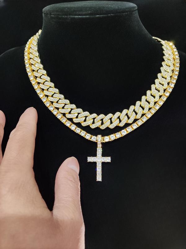 Easter Luxury Rhinestone Cross Pendant Necklace & Cuban Chunky Chain Matching Jewelry Set, Sparkly Streetwear Hip Hop Iced out Jewelry Set for Party, Gorgeous Trendy Accessories Cross Necklaces