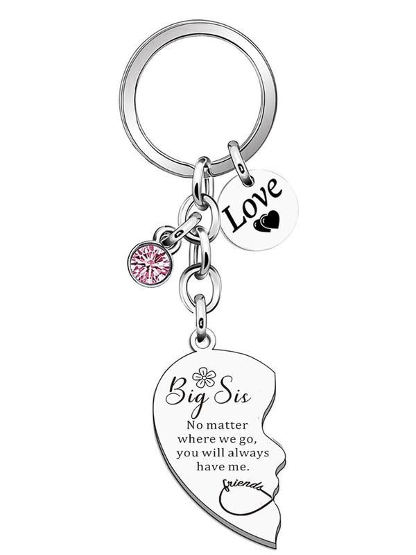 Big Sis Little Sis Matching Heart Keychain, Rhinestone Decor Letter Pattern Keychain for Sister, Fashion Accessories for Women & Men