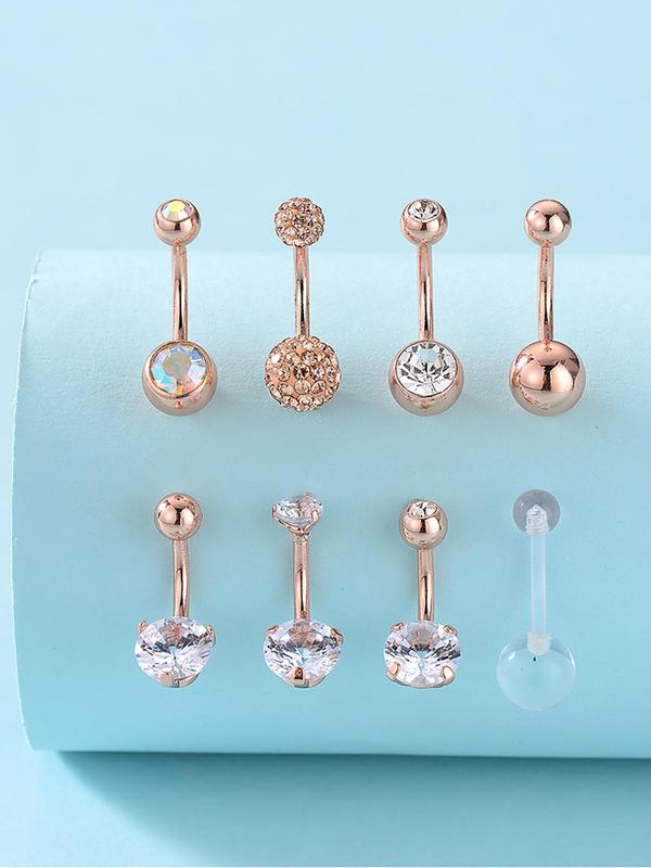 8pcs set Women's Elegant Rhinestone Decorated Belly Rings, Exquisite Stainless Steel Belly Piercing Rings, Fashionable Body Jewelry for Women for Party Decoration