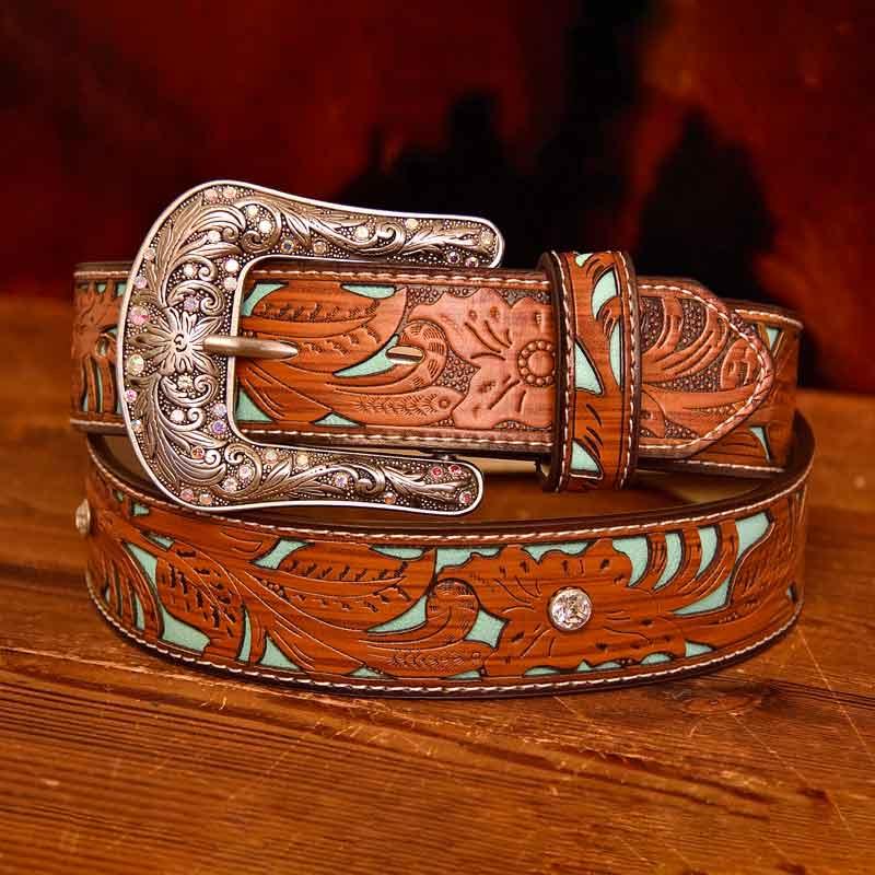 Western Turquoise Printed Belt Costume Decoration with Rhinestone Buckle