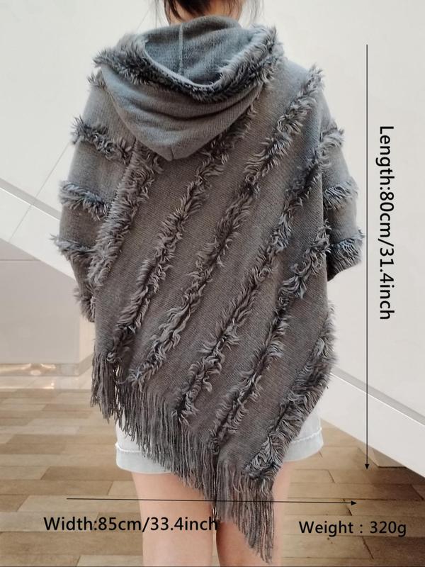 Women's Solid Color Tassel Trim & Raw Hem Design Cape Shawl, Casual Fashionable Warm Shawl for Fall & Winter, Fashion Accessories for Women & Girls