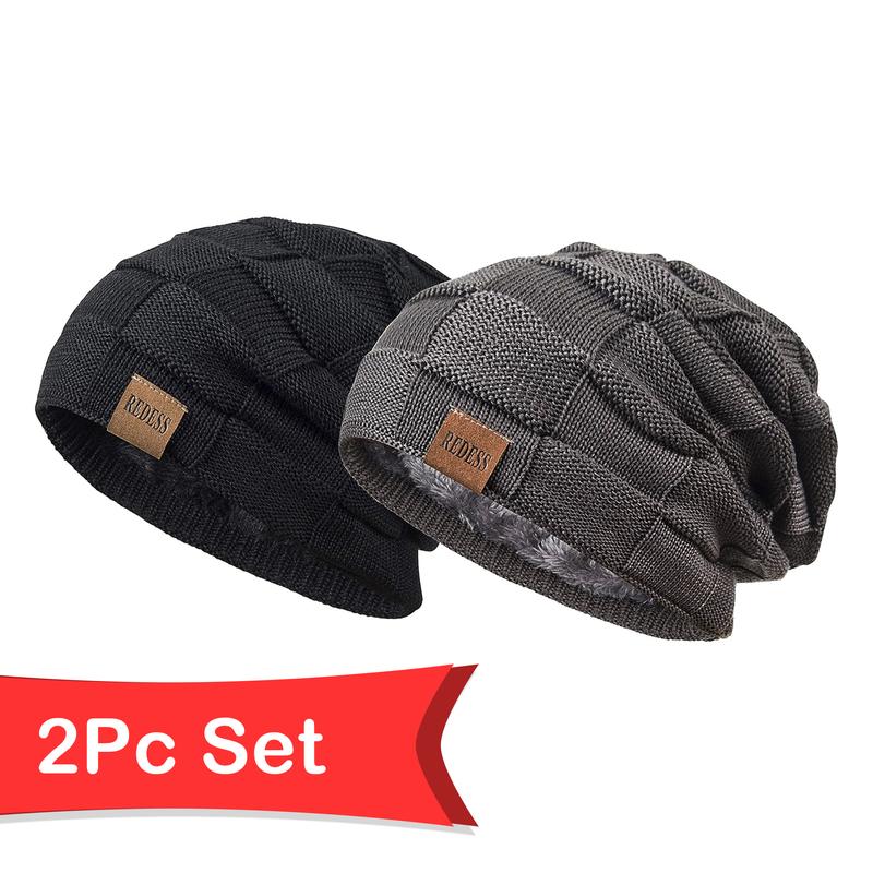 2PCS REDESS Beanie Hat for Men and Women Winter Warm Hats Knit Slouchy Thick Skull Cap warm hat winter hat