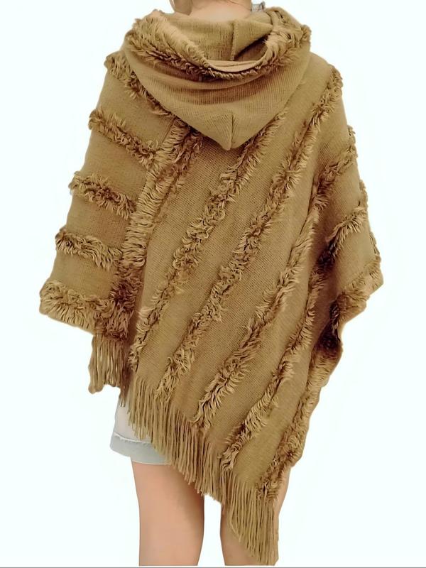 Women's Solid Color Tassel Trim & Raw Hem Design Cape Shawl, Casual Fashionable Warm Shawl for Fall & Winter, Fashion Accessories for Women & Girls