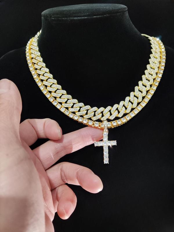 Easter Luxury Rhinestone Cross Pendant Necklace & Cuban Chunky Chain Matching Jewelry Set, Sparkly Streetwear Hip Hop Iced out Jewelry Set for Party, Gorgeous Trendy Accessories Cross Necklaces