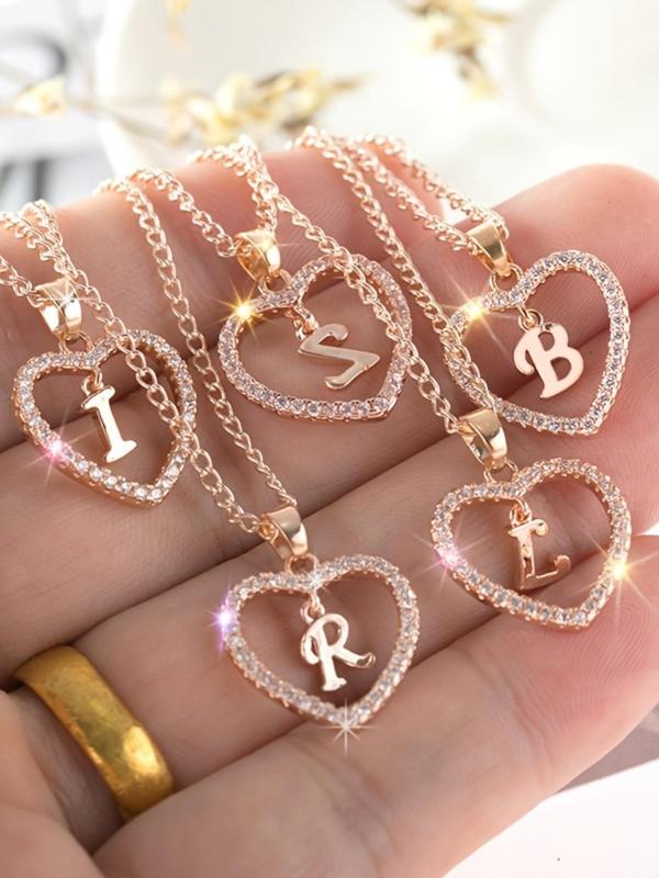 Hollow Letter & Heart Necklace, Elegant Rhinestone Decor Pendant Necklace for Women, Fashion Stainless Steel Jewelry for Daily Use