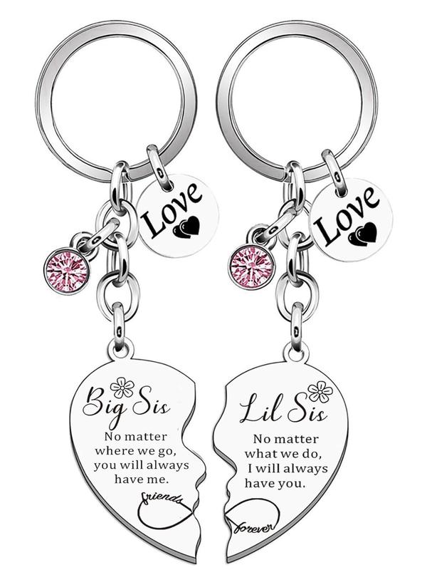 Big Sis Little Sis Matching Heart Keychain, Rhinestone Decor Letter Pattern Keychain for Sister, Fashion Accessories for Women & Men