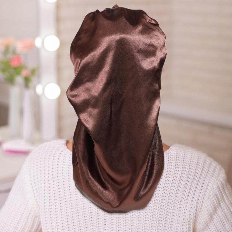 AWAYTR Solid Color Long Nightcap for Women Satin Double Layered Sleeping Hat Tie Band Elastic Hair Care Bonnet