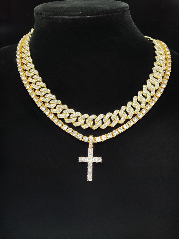 Easter Luxury Rhinestone Cross Pendant Necklace & Cuban Chunky Chain Matching Jewelry Set, Sparkly Streetwear Hip Hop Iced out Jewelry Set for Party, Gorgeous Trendy Accessories Cross Necklaces