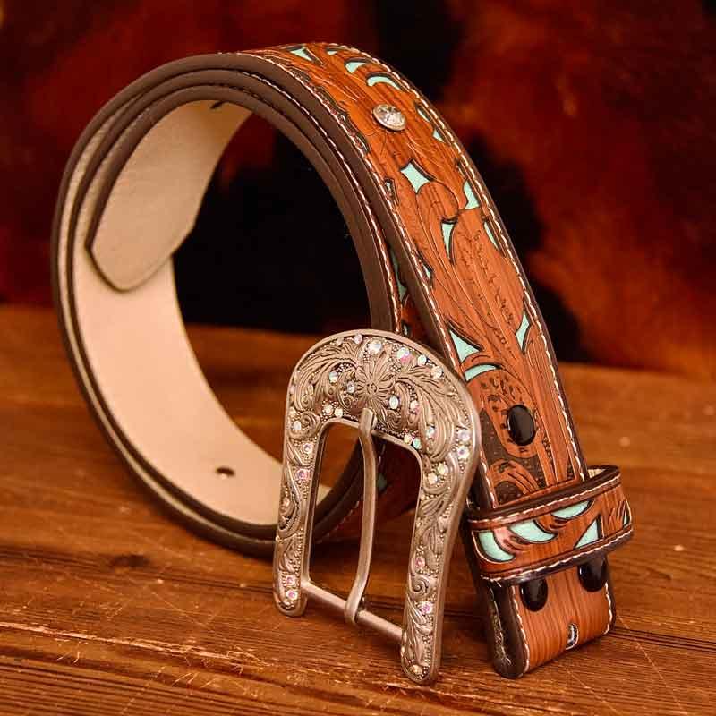 Western Turquoise Printed Belt Costume Decoration with Rhinestone Buckle