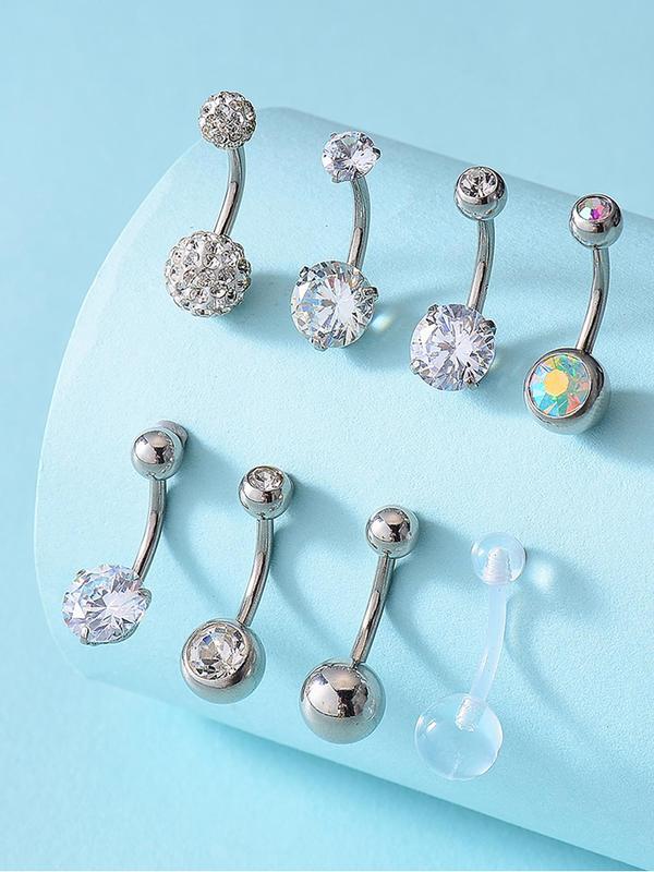 8pcs set Women's Elegant Rhinestone Decorated Belly Rings, Exquisite Stainless Steel Belly Piercing Rings, Fashionable Body Jewelry for Women for Party Decoration