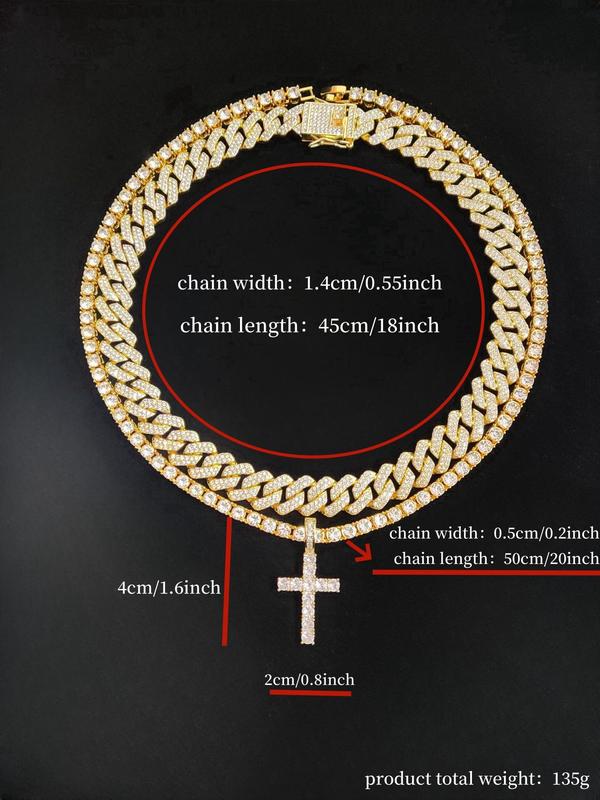 Easter Luxury Rhinestone Cross Pendant Necklace & Cuban Chunky Chain Matching Jewelry Set, Sparkly Streetwear Hip Hop Iced out Jewelry Set for Party, Gorgeous Trendy Accessories Cross Necklaces