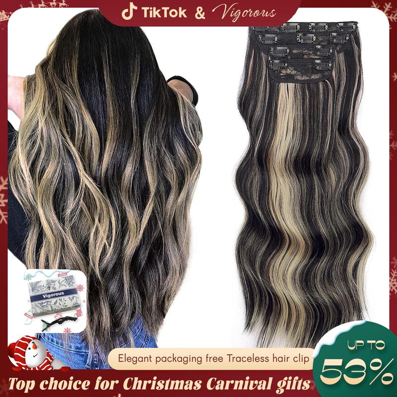 Vigorous Clip in Hair Extensions Long Wavy Synthetic Hairpieces,Natural & Soft Hair & Blends Well Hair Extensions,Easy to Wear for Women Girls Daily Use Event Party Use, Etc.Best Everyday Fashion Dress-up Accessories