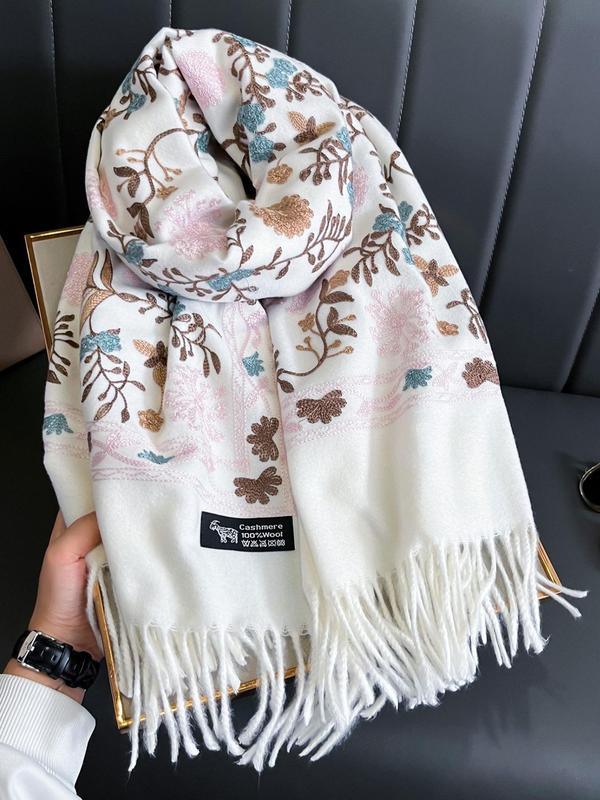 Boho Style Plants Embroidery Double Sided Scarf, Casual Soft Warm Fringe Trim Shawl for Women & Men, Fashion Accessories for Daily Wear