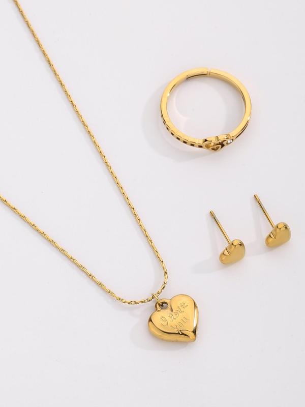 Heart Decor Jewelry Set, Including Heart Pendant Necklace, Ring & Stud Earrings, Casual Matching Jewelry Set Accessories with Rose Gift Card Box