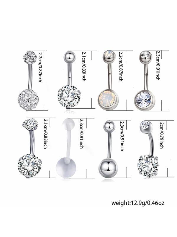 8pcs set Women's Elegant Rhinestone Decorated Belly Rings, Exquisite Stainless Steel Belly Piercing Rings, Fashionable Body Jewelry for Women for Party Decoration