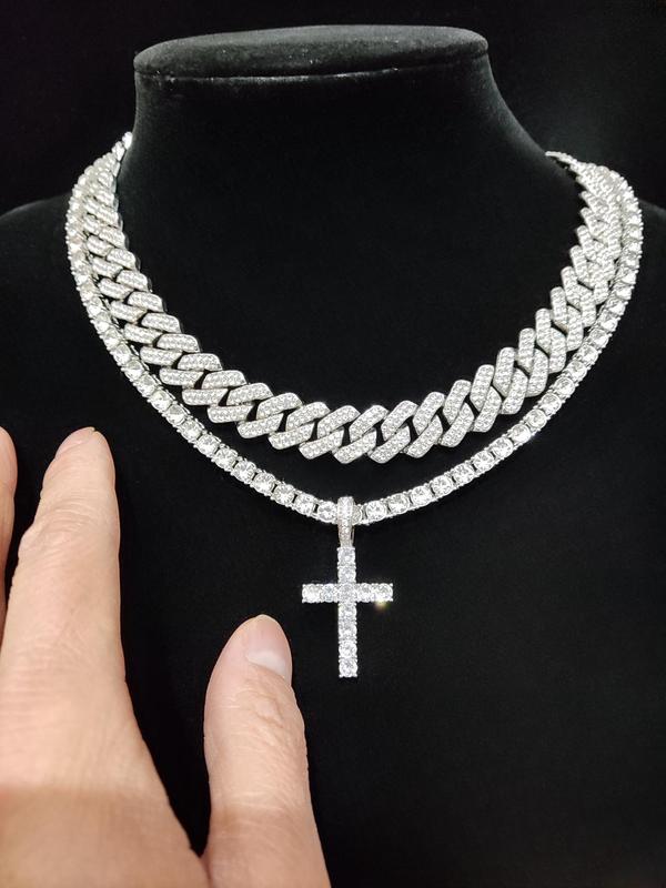 Easter Luxury Rhinestone Cross Pendant Necklace & Cuban Chunky Chain Matching Jewelry Set, Sparkly Streetwear Hip Hop Iced out Jewelry Set for Party, Gorgeous Trendy Accessories Cross Necklaces