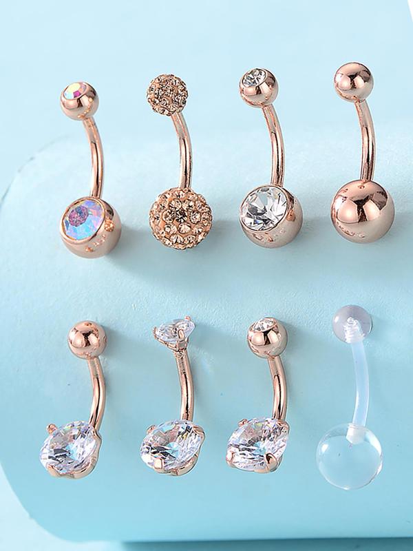 8pcs set Women's Elegant Rhinestone Decorated Belly Rings, Exquisite Stainless Steel Belly Piercing Rings, Fashionable Body Jewelry for Women for Party Decoration