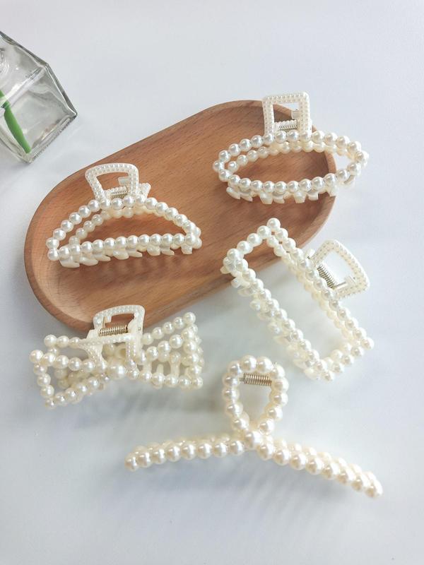 Elegant Style Geometric Faux Pearl Decor Hair Claw Clips, Gorgeous Faux Pearl Hair Claws Set, Fashion Kawaii Hair Accessories for Women & Girls