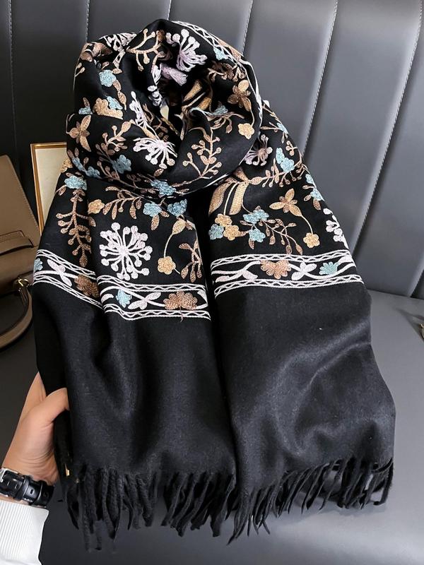 Boho Style Plants Embroidery Double Sided Scarf, Casual Soft Warm Fringe Trim Shawl for Women & Men, Fashion Accessories for Daily Wear