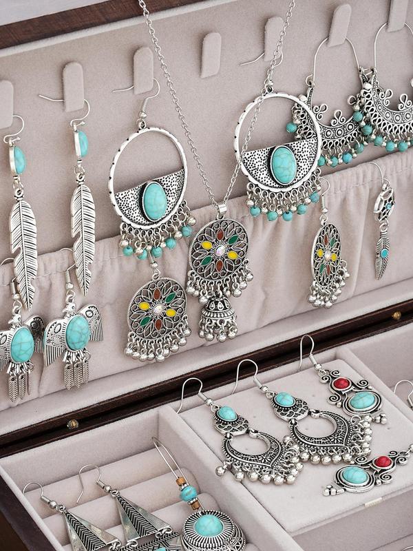 Boho Style Vintage Jewelry Set, Turquoise Texture Feather & Tassel Decor Dangle Earrings & Necklace, Fashion Jewelry Accessories for Women