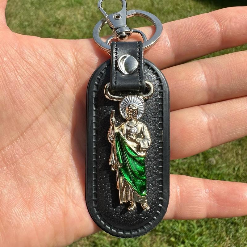 San Judas Tadeo   Virgencita Stainless Steel and Leather Keychain