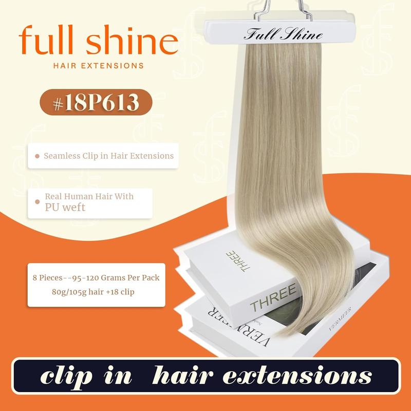 Full Shine Seamless Clip in Human Hair Extension Straight Hair 120g 8 Pcs Easy to Apply