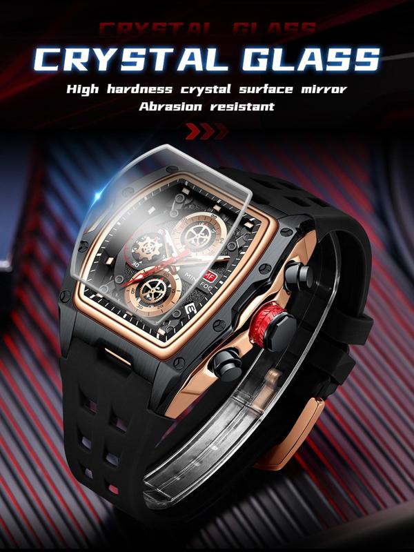 Men's Sporty Barrel Shaped Quartz Watch, Fashionable Luminous Waterproof Watch with Silicone Strap, Trendy Watch with Date Display Function for Daily Life, with Box