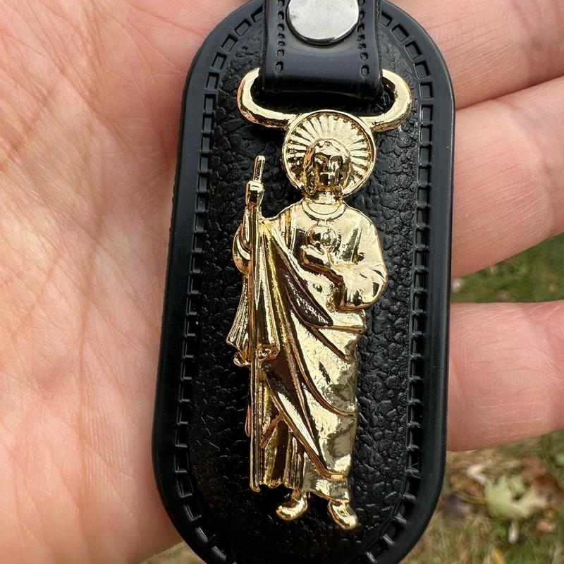 San Judas Tadeo   Virgencita Stainless Steel and Leather Keychain