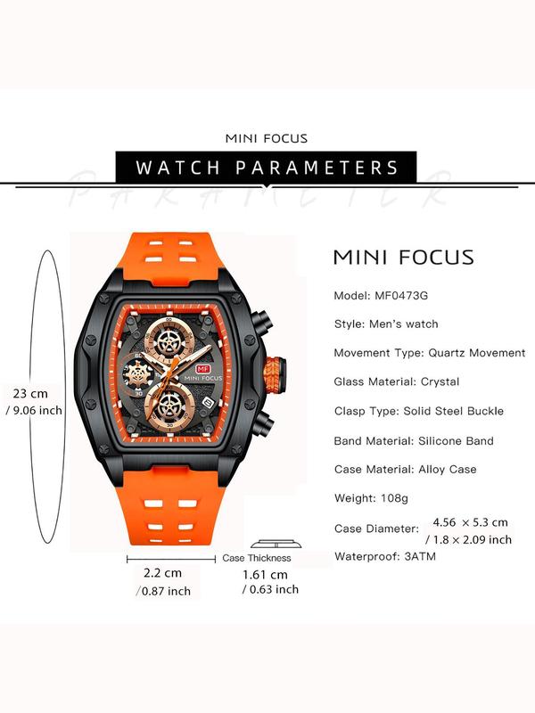 Men's Sporty Barrel Shaped Quartz Watch, Fashionable Luminous Waterproof Watch with Silicone Strap, Trendy Watch with Date Display Function for Daily Life, with Box