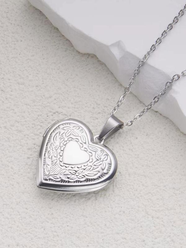 Women's Elegant Heart-shaped Design Pendant Necklace with Floral Pattern, Openable Photo Frame Stainless Steel Pendant Necklace, Fashion Jewelry, Couple Gift, Holiday Gift, Mexican Necklaces