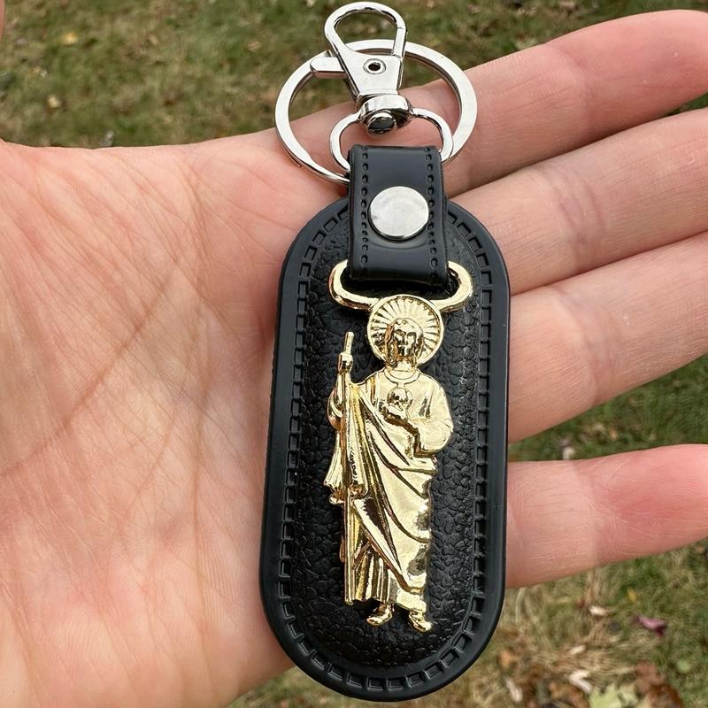 San Judas Tadeo   Virgencita Stainless Steel and Leather Keychain