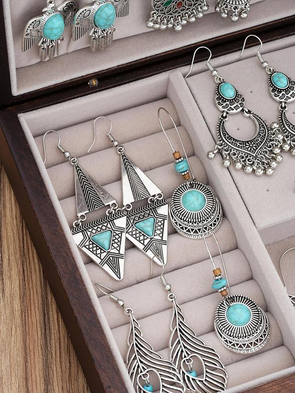 Boho Style Vintage Jewelry Set, Turquoise Texture Feather & Tassel Decor Dangle Earrings & Necklace, Fashion Jewelry Accessories for Women