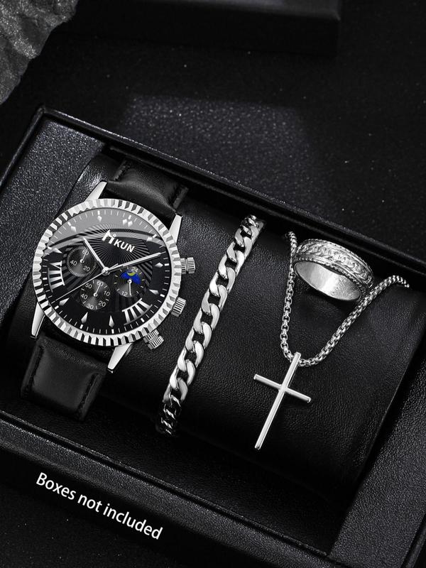 Men's Business Fashion Round Dial Analog Quartz Watch, and Cuban Chain Bracelet & Cross Pendant   Necklace & Ring Set, Trendy All-match & Exquisite Watch Set for Birthday Gift