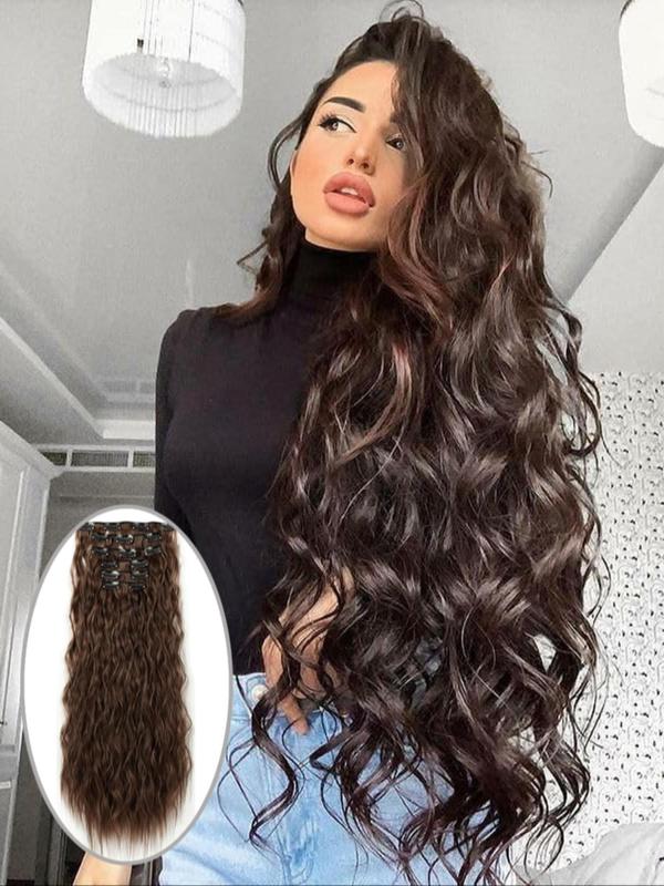 22 Inch Long Wavy Synthetic Clip-in Hair Extensions, 6 Counts Natural Fluffy Synthetic Hair Extensions Wigs with Highlight Design for Summer Daily & Party Used