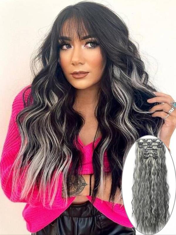 22 Inch Long Wavy Synthetic Clip-in Hair Extensions, 6 Counts Natural Fluffy Synthetic Hair Extensions Wigs with Highlight Design for Summer Daily & Party Used