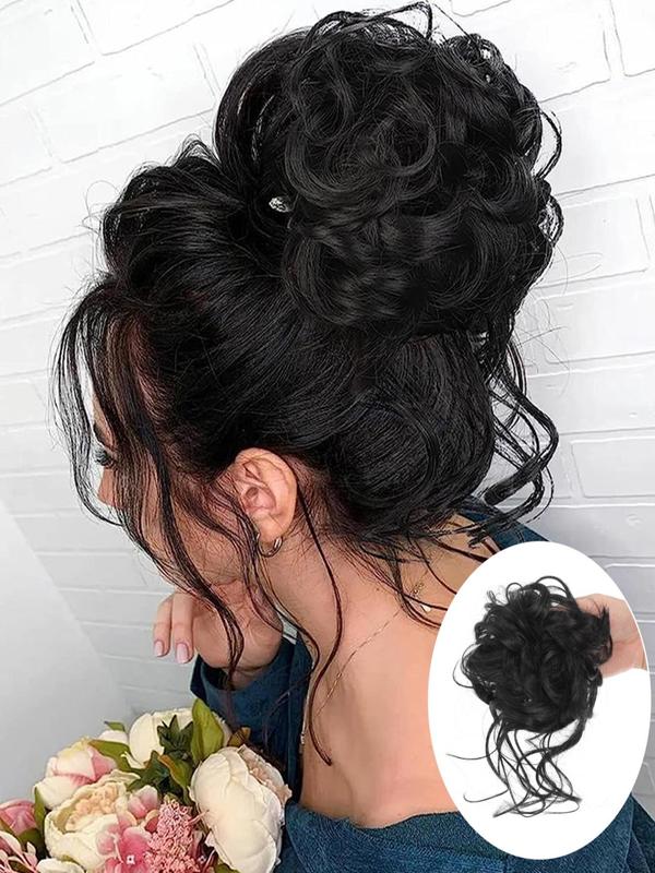 10 Inch Natural Black Short Curly Fluffy Hair Bun Extension for Women, Easy Grasping Clip Curly Synthetic Hairpiece for Daily Use Party