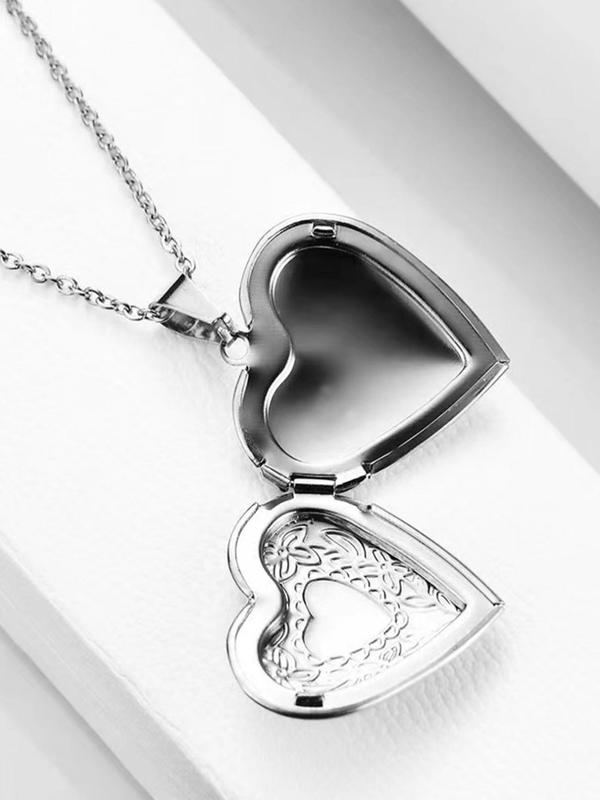 Women's Elegant Heart-shaped Design Pendant Necklace with Floral Pattern, Openable Photo Frame Stainless Steel Pendant Necklace, Fashion Jewelry, Couple Gift, Holiday Gift, Mexican Necklaces