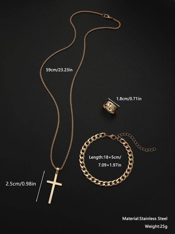 Men's Punk Style Matching Jewelry Set, Cross & Chain Design Pendant Necklace & Bracelet & Ring Back To School, Jewelry Men Accessories for Party & Daily Gift Kit Women, Fall Outfits, Fall Freshness Fall