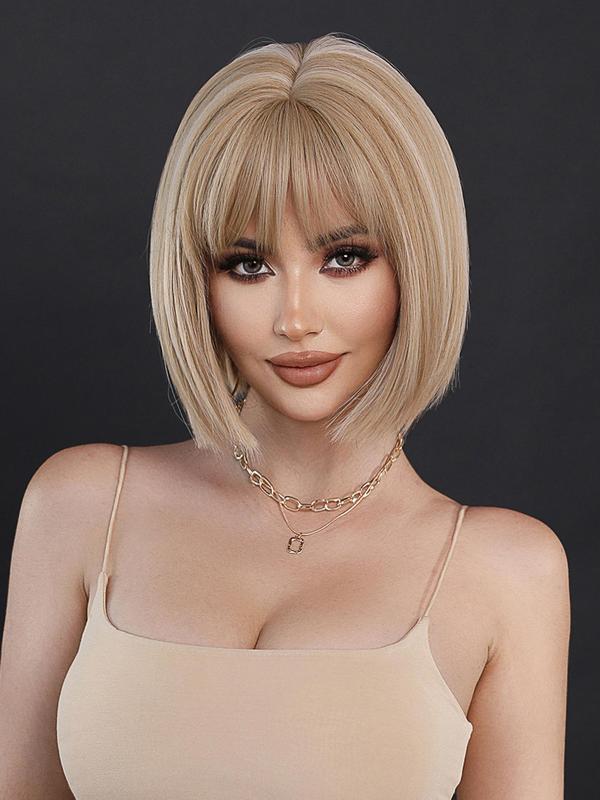 12 Inch Pink Bob Wig, Short Straight Wigs for Women, Gorgeous Fluffy Wigs with Bangs, Synthetic Full Machine Wigs for Party, Daily Use