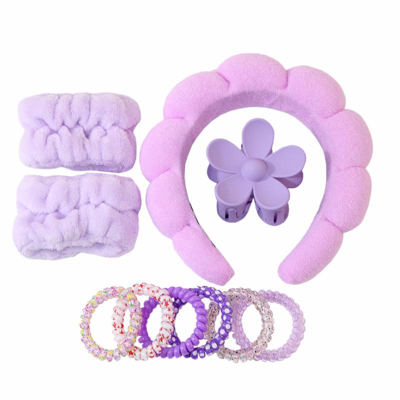 10pcs Set Cloud Shaped Headband Set, Spa Headband Hair Hoop, Wristbands, Flower Design Hair Claw Clip