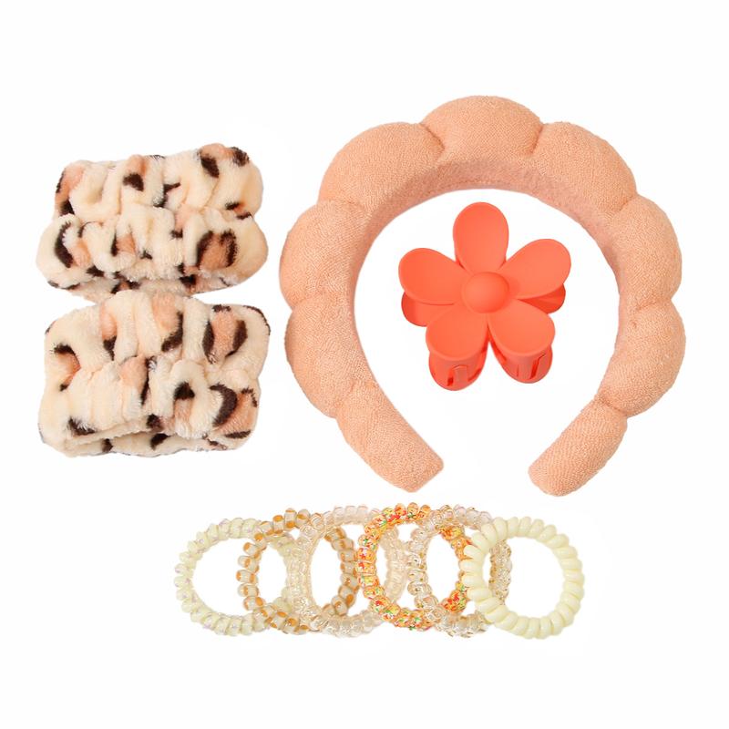 10pcs Set Cloud Shaped Headband Set, Spa Headband Hair Hoop, Wristbands, Flower Design Hair Claw Clip