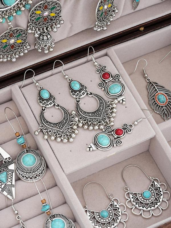 Boho Style Vintage Jewelry Set, Turquoise Texture Feather & Tassel Decor Dangle Earrings & Necklace, Fashion Jewelry Accessories for Women